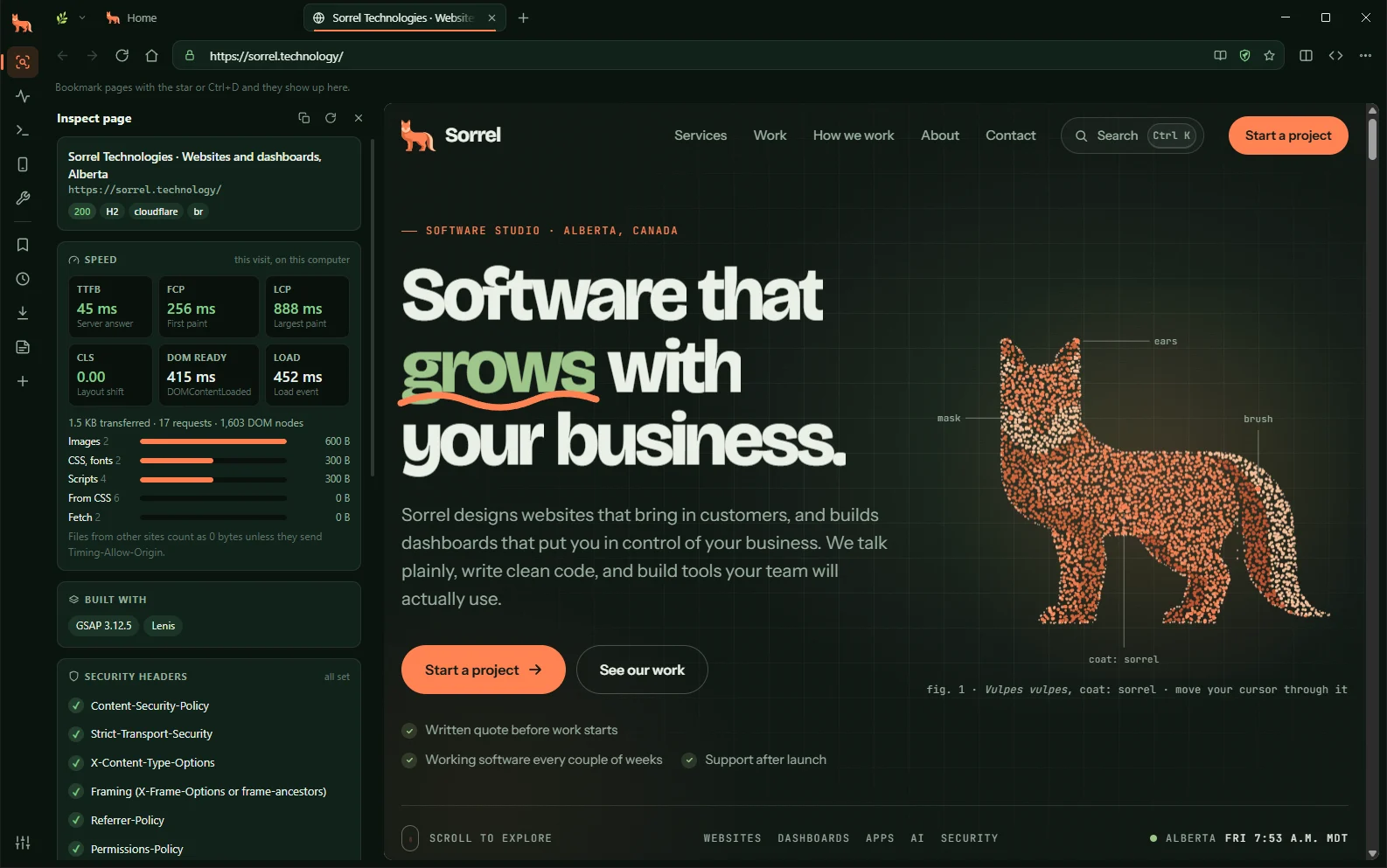 The Inspect panel showing speed timings, page weight and security header checks.